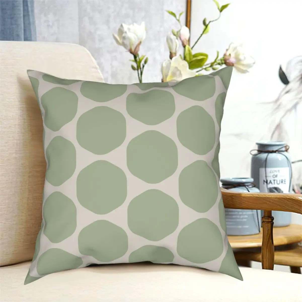 Wobbly Hexagons Geometric Dot In Sage Green And Beige Pillowcase Polyester Pattern Zip Decorative Pillow Case Sofa Cushion Cover