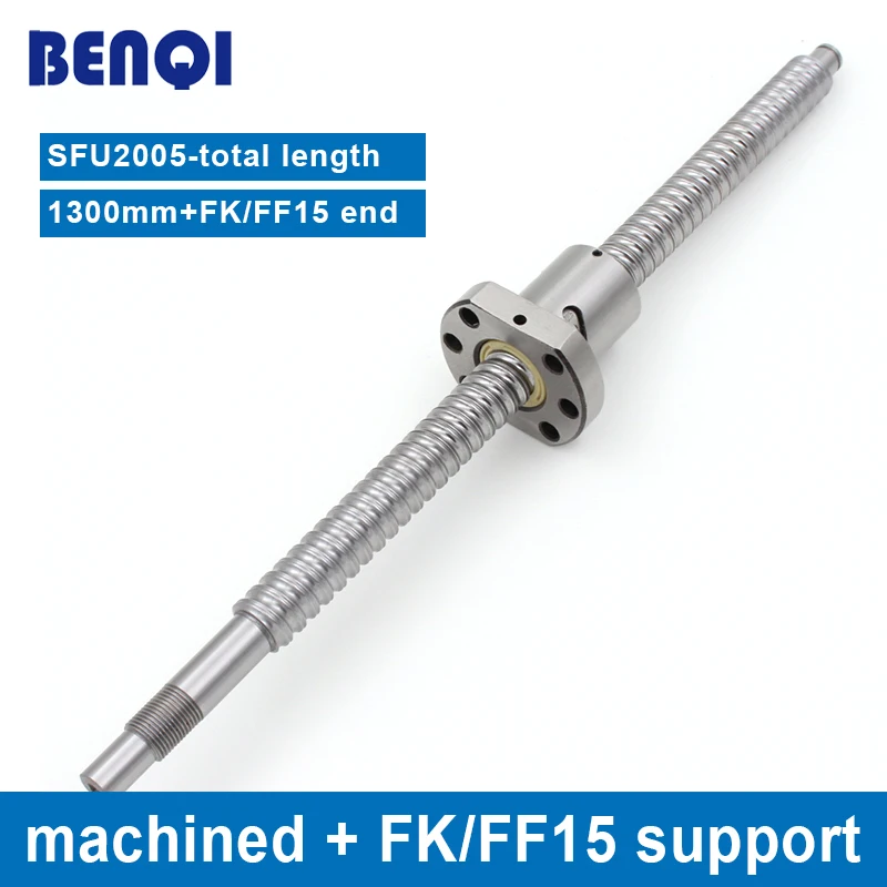 ball screw set end machined SFU2005-L1300mm long + 1pc 2005 Flange ballnut+FK15 FF15 for CNC parts