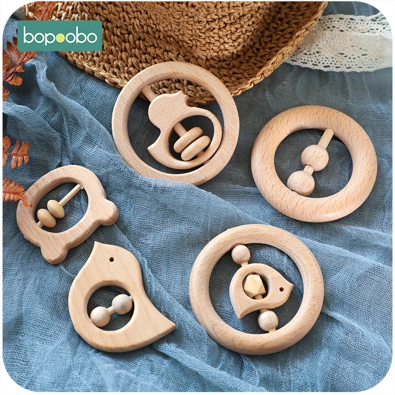 Bopoobo 5pc Holz Baby Rassel Food Grade Material Baby Spielzeug Holz Ring Baby Beißring Krippe Mobile Kleinkind Spielzeug Baby rassel Für Baby