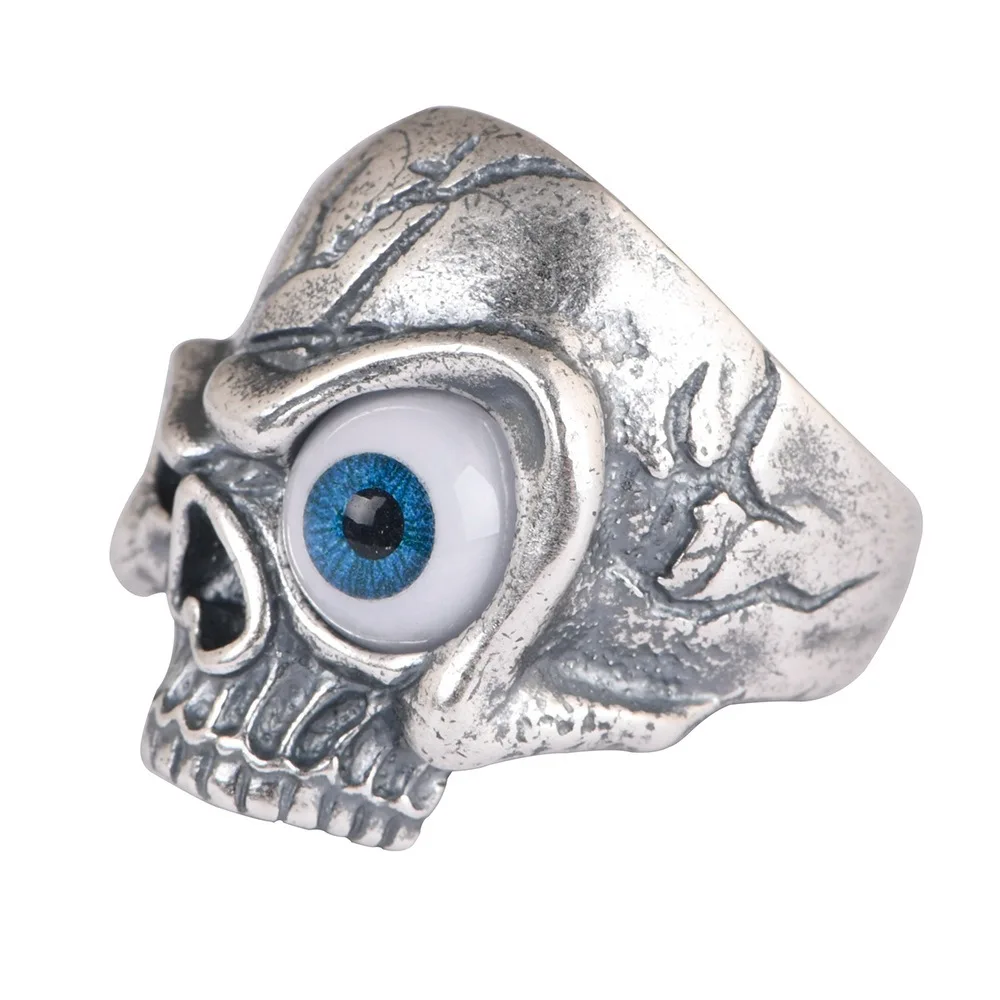 Real S990 sterling silver retro Thai silver craft skull eye punk style open ring