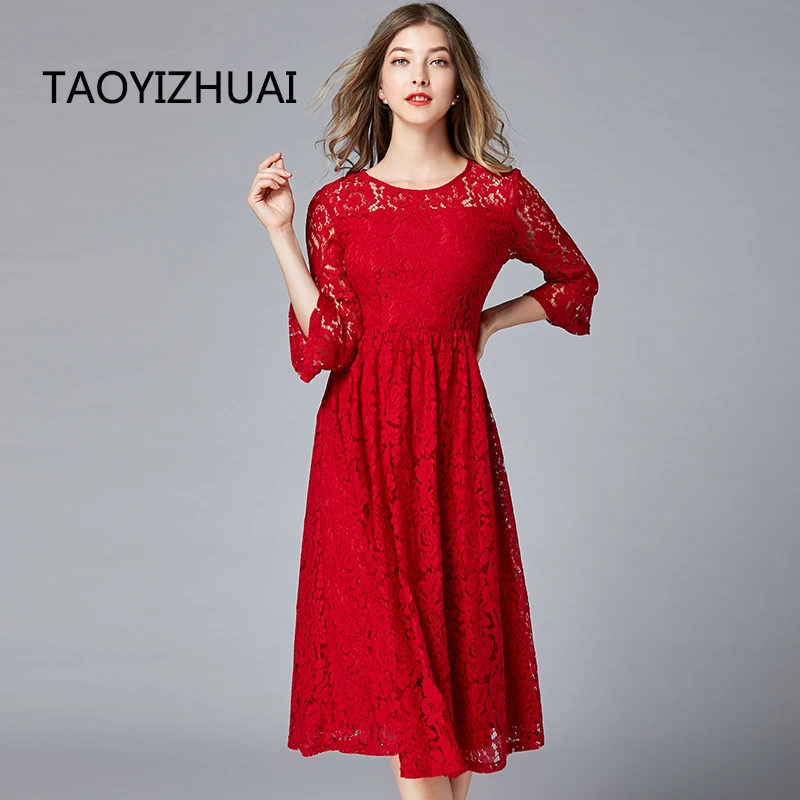 

TAOYIZHUAI autumn new arrival vintage style long lace dress red color plus size empire waist fit and flare knee length 16210