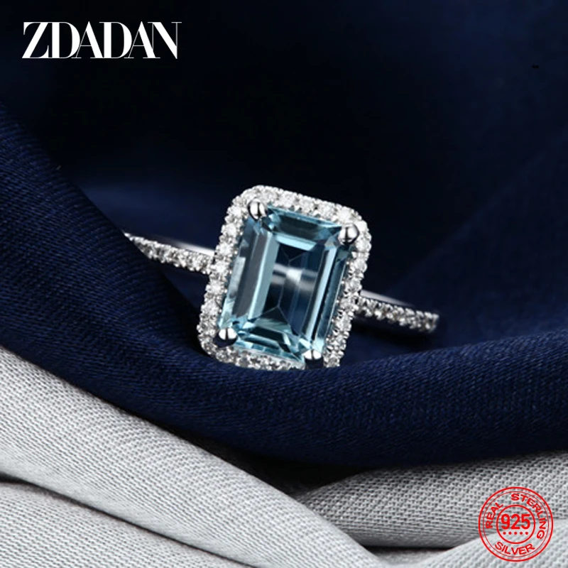 ZDADAN Authentic 925 Sterling Silver Square Blue Clear CZ Finger Rings For Women Wedding Engagement Jewelry Gift