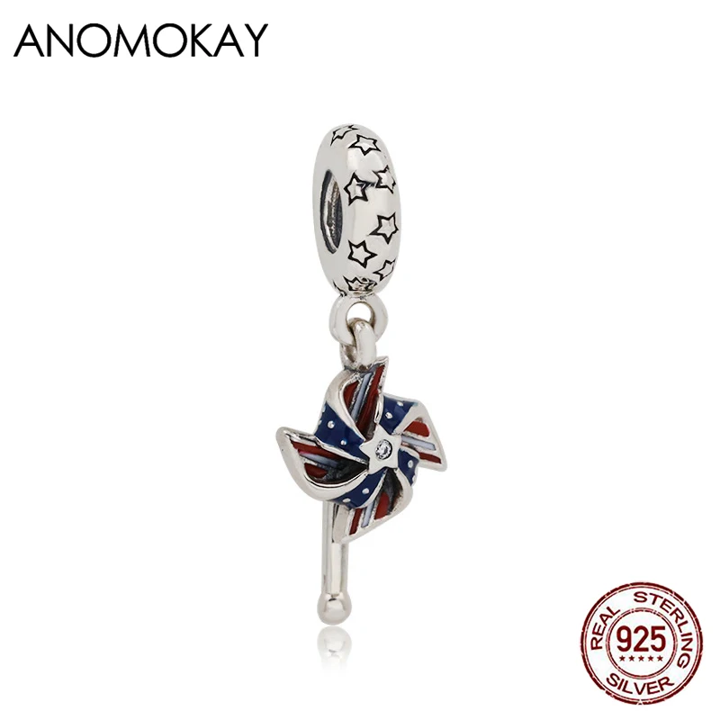 Anomokay Vintage American Windmill Silver Pendant Charm fit Bracelet & Bangle Real Sterling 925 Silver Little Star Beads