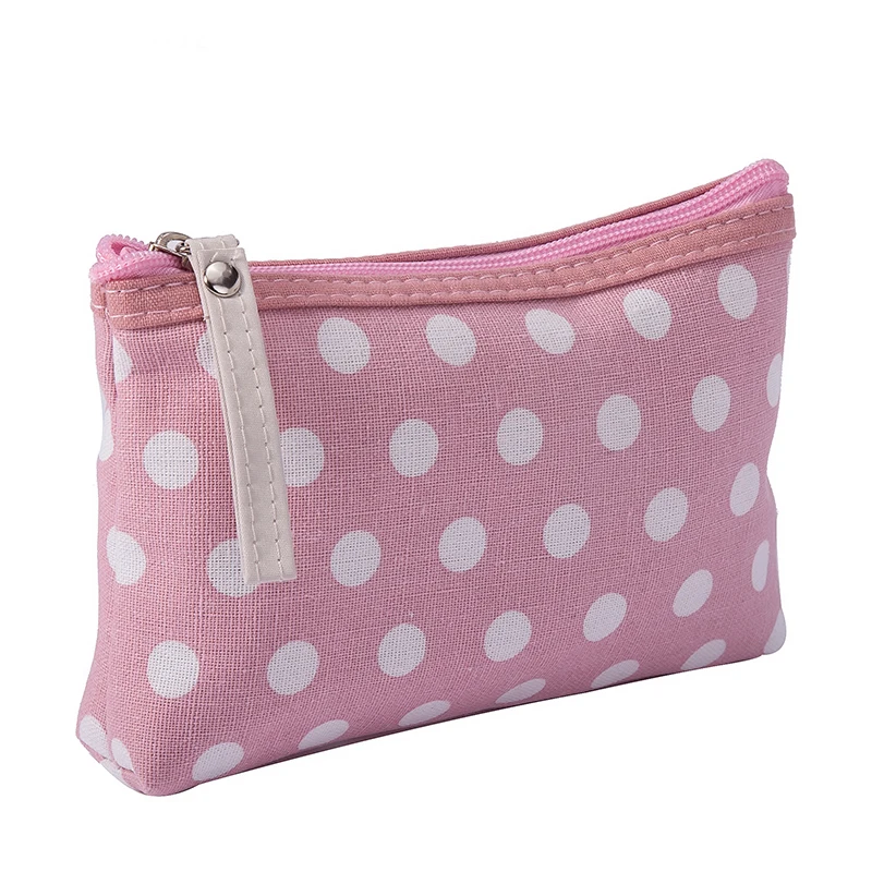 Portable Small Dot Zipper Cosmetic Bag Canvas Girl Travel Make Up Purse Organizer Phone Pouch