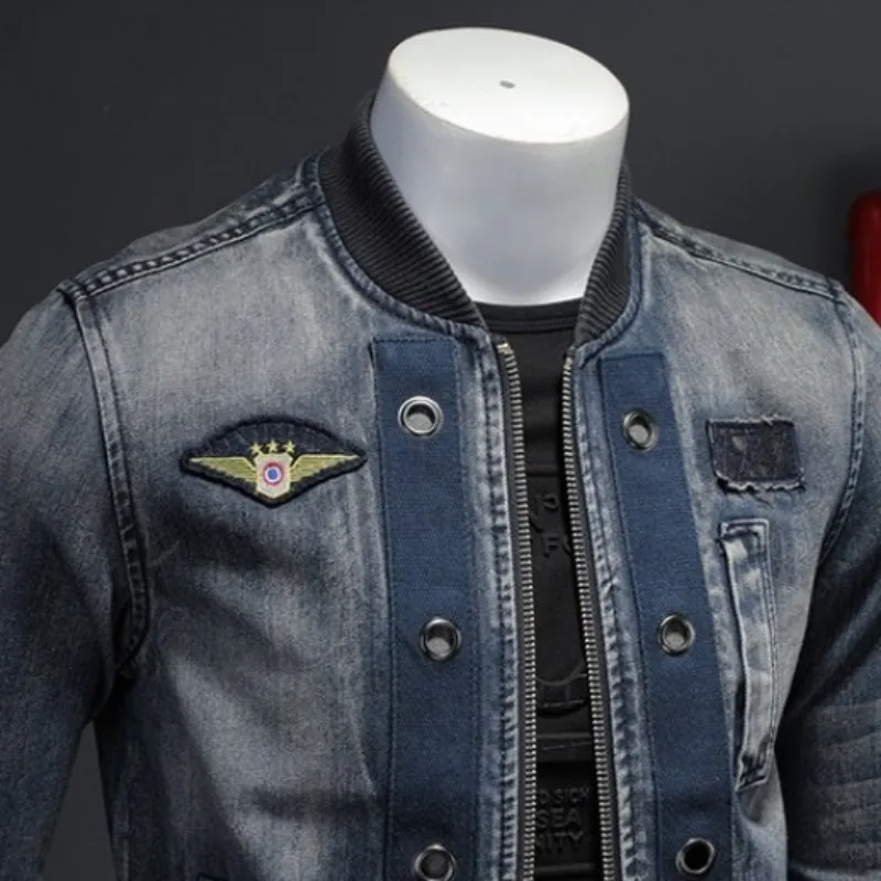 Men Vintage Stand Collar Pilot Coat Denim Bomber Jacket Plus Size 5XL Slim Fit Zipper Jean Outerwear Fashion Mens Biker Jackets