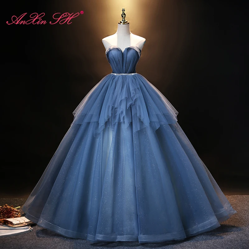 AnXin SH Vintage blaue Spitze glitzerndes Spaghettiträger ärmelloses Ballkleid Prinzessin Party Host Rüschen maßgeschneidertes Abendkleid