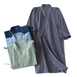 Summer 100%Cotton Gauze Bathrobe Japanese-Style Kimono Men Plaid Robe Loose kimono bathrobe Men Sweat Steaming Sleep Халат