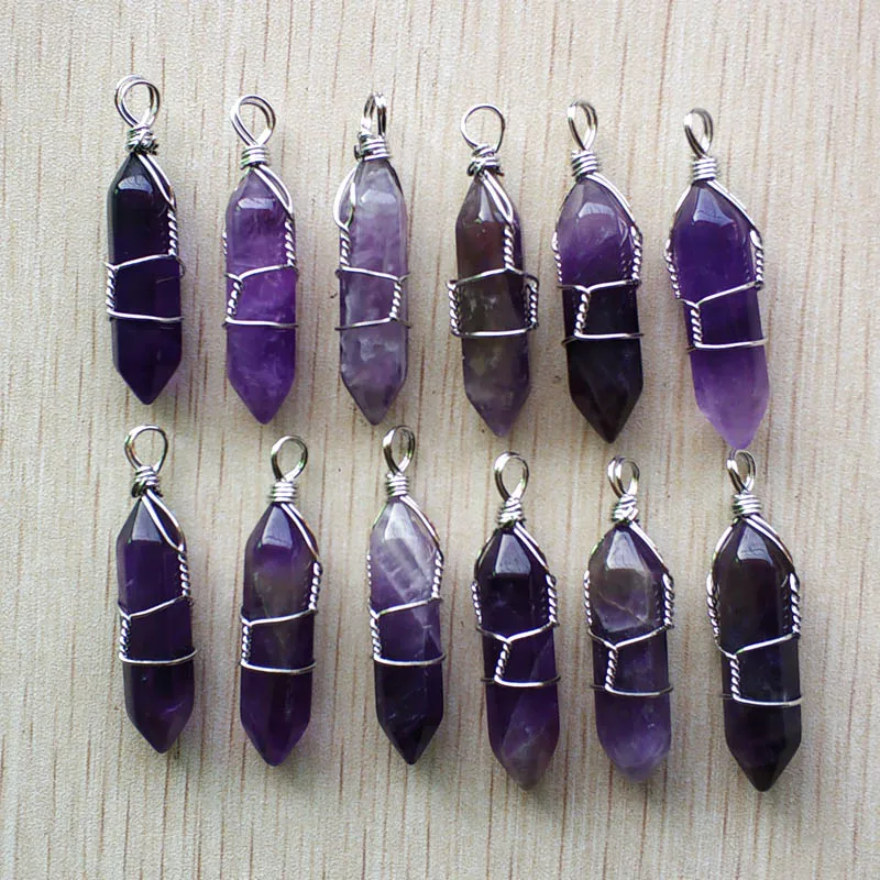 

Wholesale 12pcs/lot fashion natural stone purple pillar shape point Chakra charms pendants for jewelry making free shipping