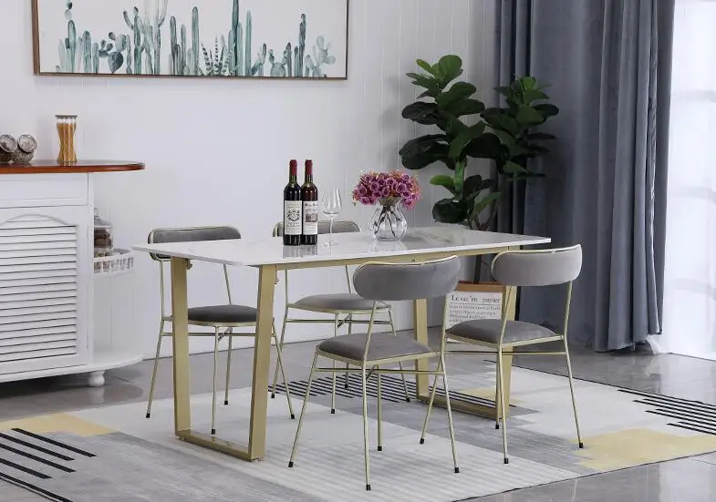 

Modern minimalist metal feet Nordic marble dining table white household small apartment chair combination rectangular dining tab