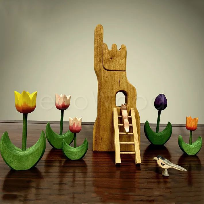 Tulipanes de madera para niños, bloques de construcción, apilamiento, flor, castillo, juegos, manualidades, Montessori, Escena de juguete