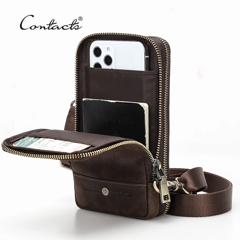 CONTACT'S-Bolso cruzado de piel auténtica para hombre, bandolera pequeña de hombro, cartera larga multifuncional