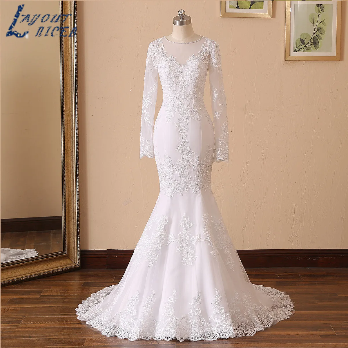 LAYOUT NICEB Sereia Vestidos De Casamento Ilusão Voltar Vestido De Noiva Manga Comprida Beads O Pescoço Lace Apliques Noiva Vestidos De Noiva Sereia de casamento fantasia de volta Vestido De Noiva com mangas longas O a