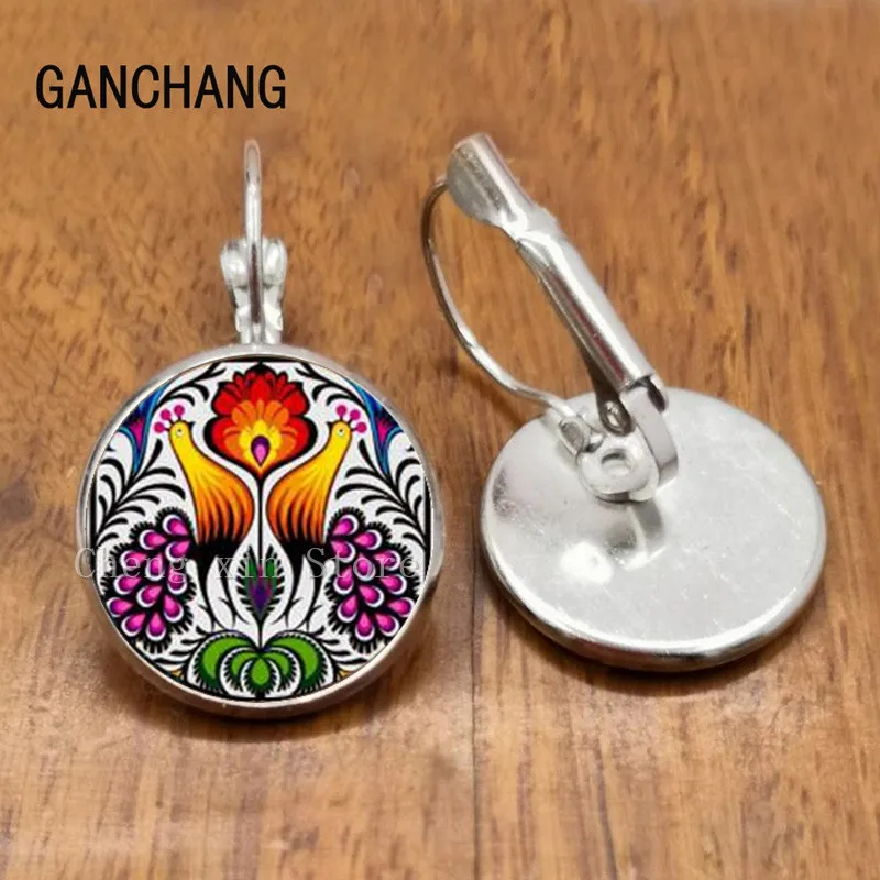 Polish folk art picture stud earrings fashion jewelry, female flower earrings with glass convex round modern paper-cut elements