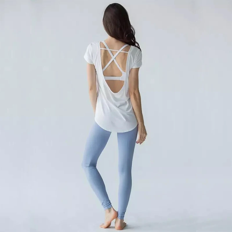 Fitness Shirts For Women Backless Irregular Hem Modal Breathable Slim Yoga Pilates Jogging Gym Short Sleeve Workout Shirt Blouse