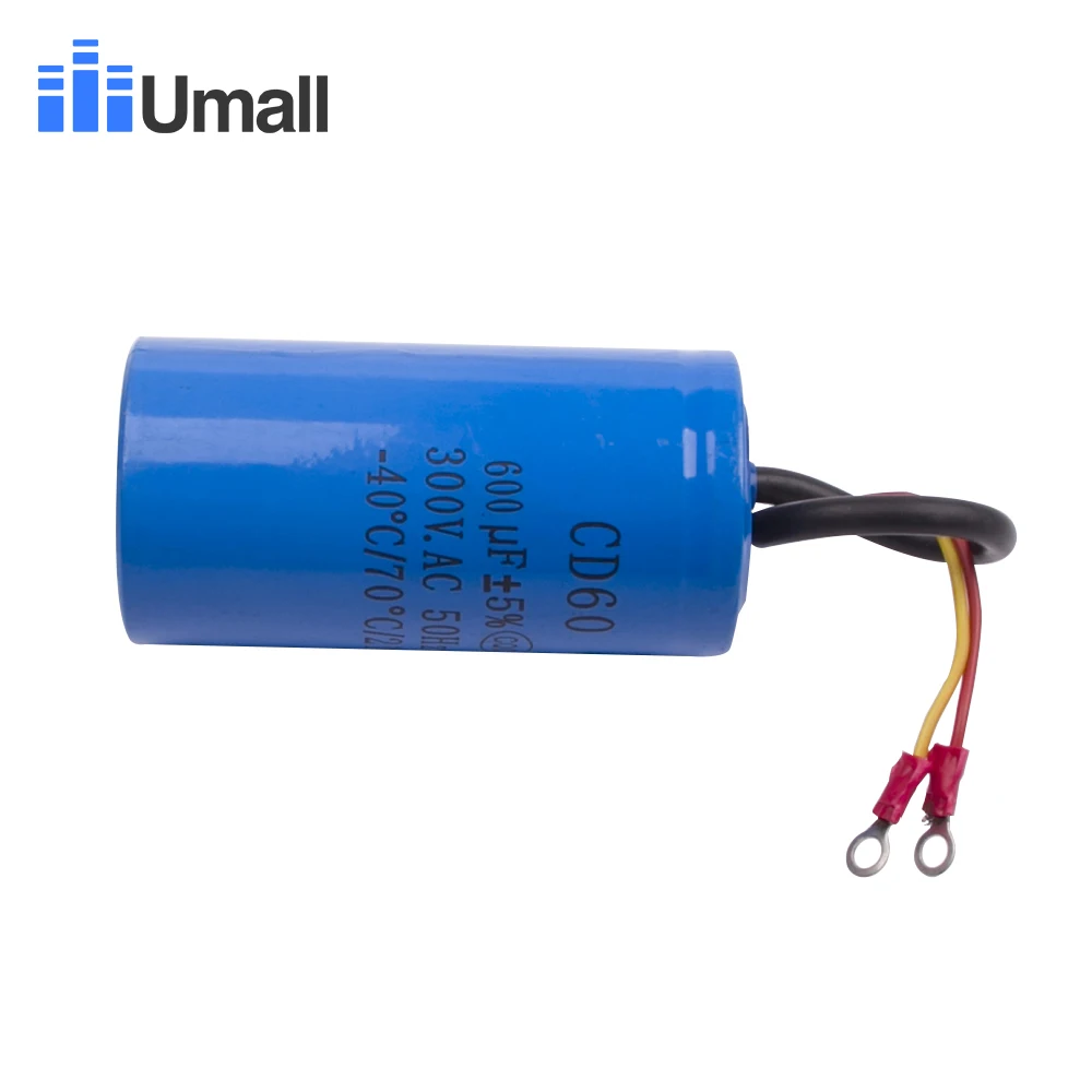 CD60 600uF 300V AC Starting Capacitor For Heavy Duty Electric Motor Air Compressor Red Yellow Two Wires