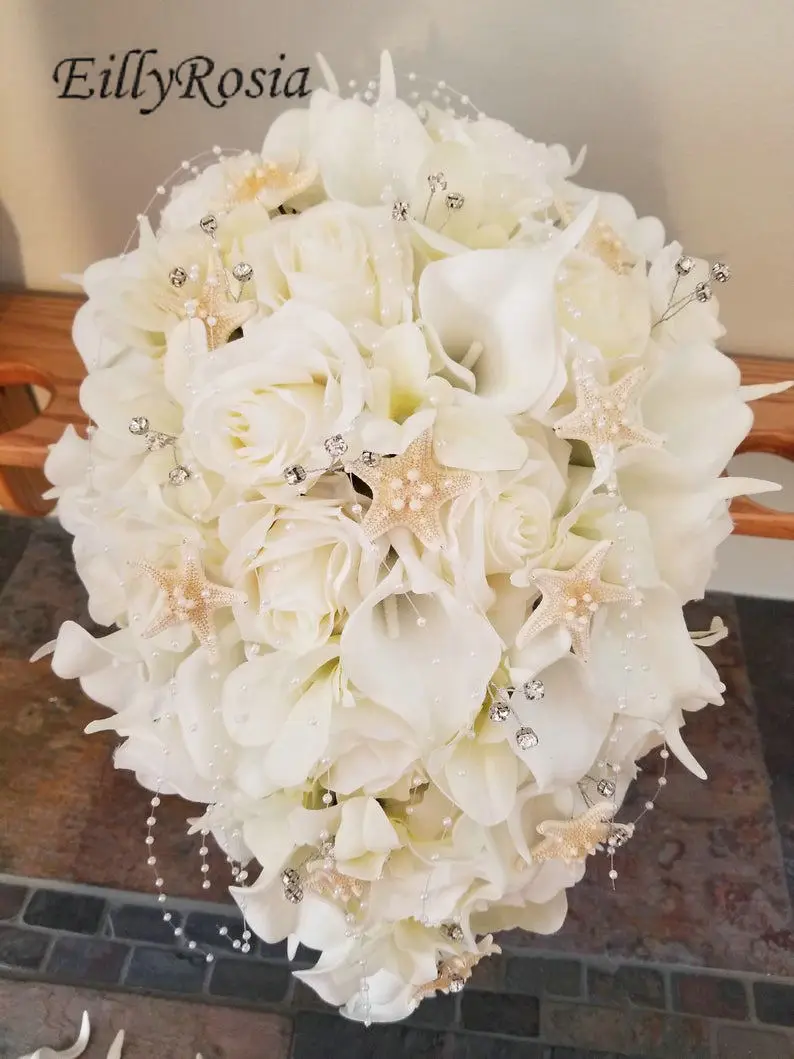 

Cascading Wedding Bouquet White Cala Lilies Artificial Roses Pearls Rhinestones Boho Waterfall Bridal Bouquet de mariage