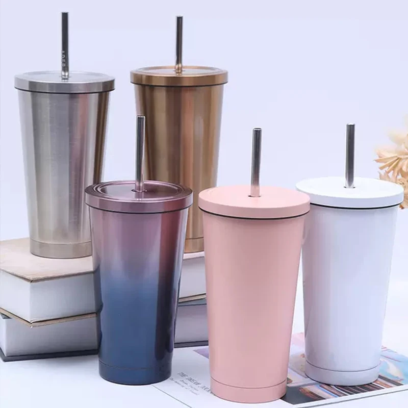 500Ml Stainless Steel Tumbler with Straw Thermos Drinking Cup Coffee Milk Water Bottle Reusable Flask Metal Cup Straw Travel Cup