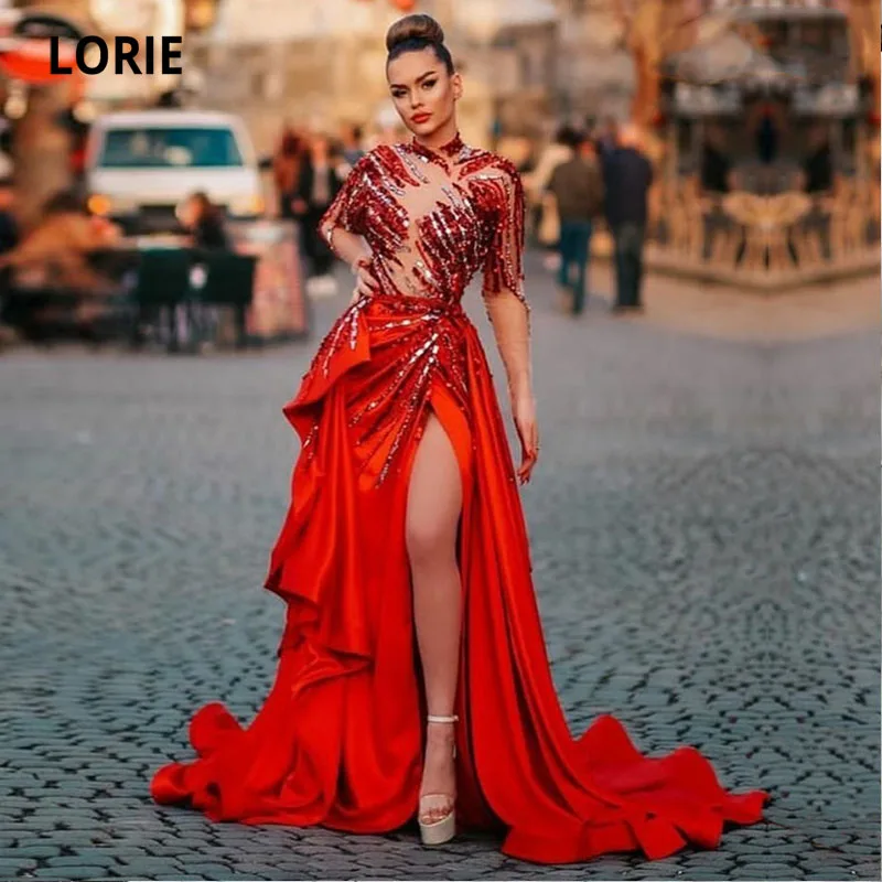 LORIE High Couture Gaun Malam Arab Gaun Pesta Gaun Prom Dubai Seksi Lengan Panjang Merah dengan Manik-manik Leher Tinggi