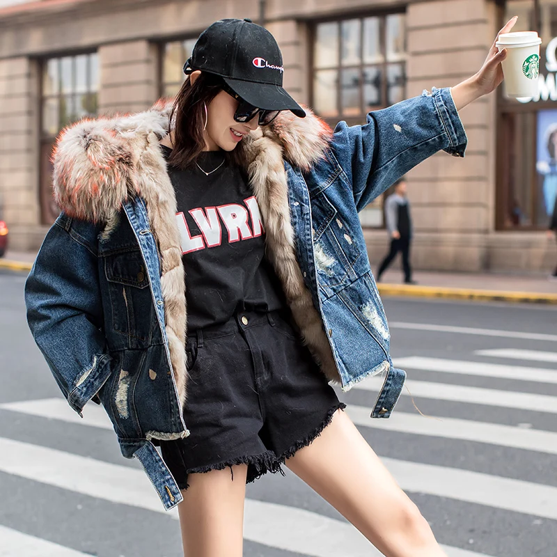 

Women Coat Winter Parka Real Fur Coat Female Fox Fur Liner Warm Denim Jacket Women Raccoon Fur Collar Korean Jackets MY s
