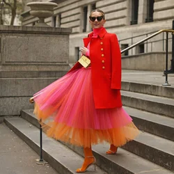 Fashion 2 Mixed Colors Tulle Skirt High Waist Mid-Calf Tiered Tulle Colorful Women Skirts  Saia Longa Faldas Custom Made