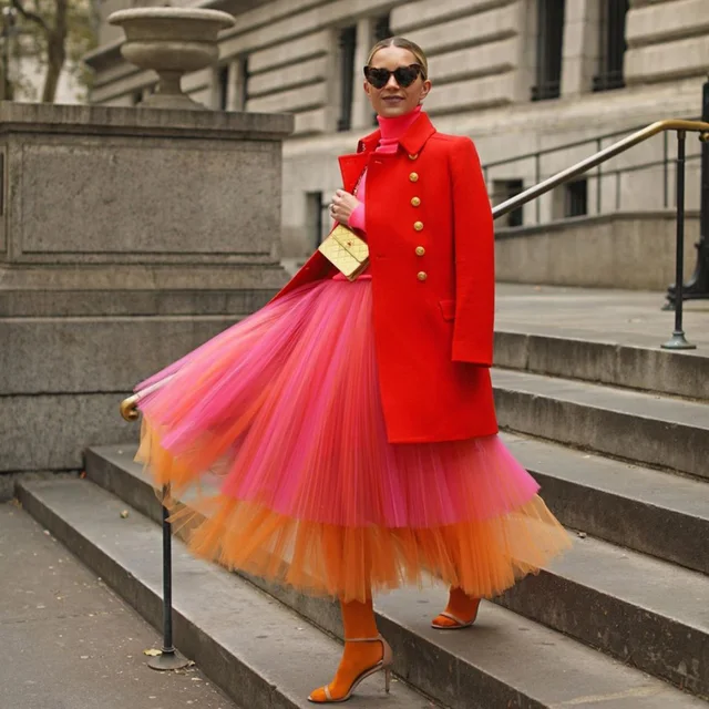 Moda 2 mieszane kolory spódnica z tiulu wysokiej talii połowy łydki warstwowe Tulle kolorowe kobiety spódnice Saia Longa Faldas Custom Made
