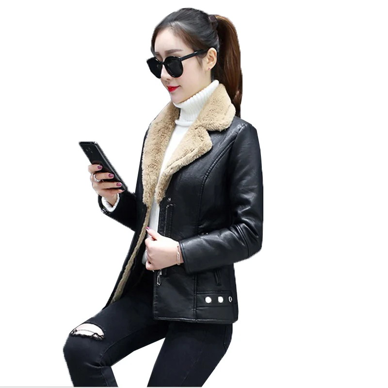 

Women's Leather Jacket Winter Faux Leather Coat Short PU Leather Flocking Zipper Outerwear Black Motorcycle Coats Female 5XL