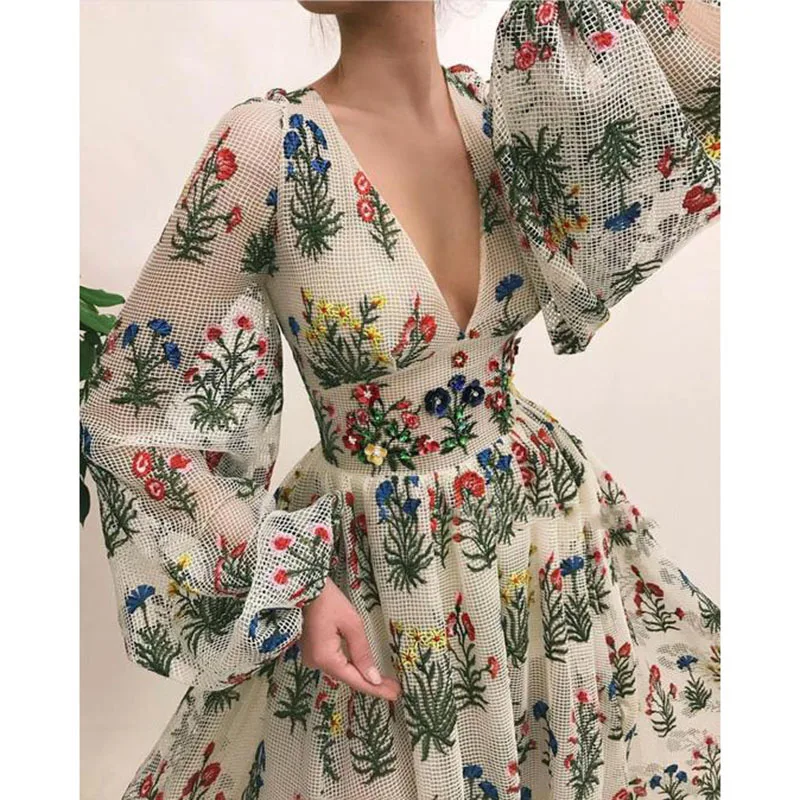 

Rocwickline New Summer and Autumn Women's Dress Bohemian Print V-Neck Lantern Sleeve Draped A-Line Elegant Vintage Dress