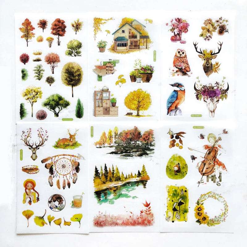 6 Sheets /Pack Collage Paper Stickers Mystery Forest Trees Deers Decorative Journal Diary Stickers