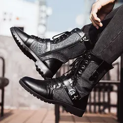 2020 Winter New Men's Plus Velvet Trend Korean Men's Leather Boots All-match Tooling Shoes Denim Mid-high  Boots Men