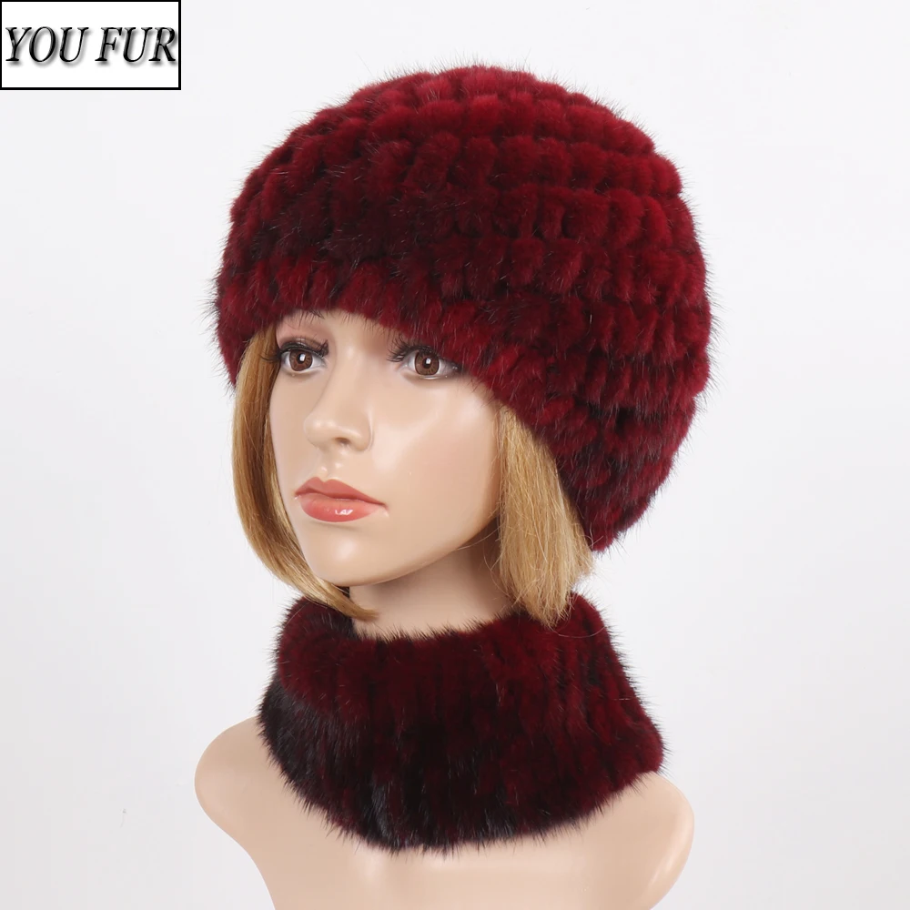 

Hot Sale Women Winter Knitted Real Mink Fur Hat Scarf Sets Natural Warm Mink Fur Caps Scarves Lady Quality Real Fur Hats Muffler