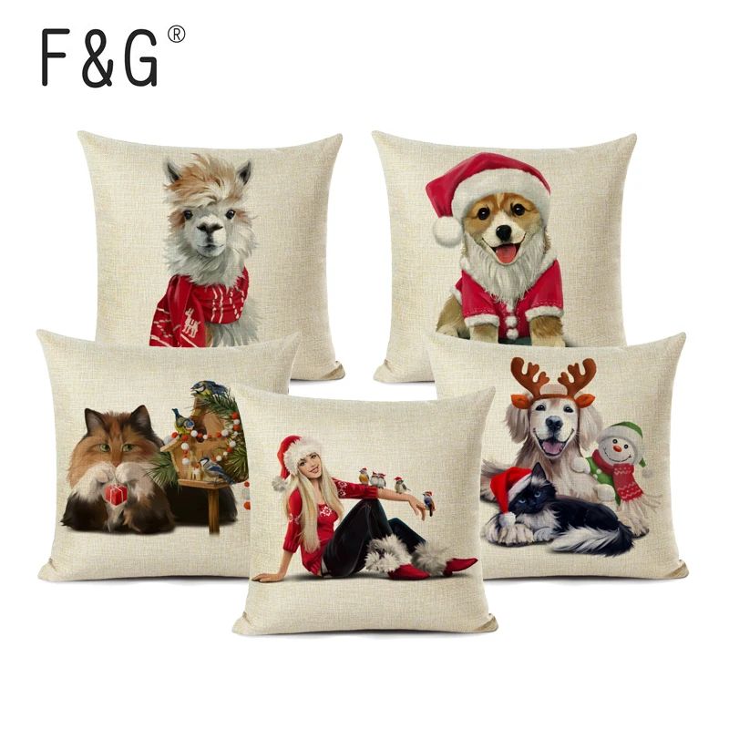 

Christmas Pillow Case Cute Animals Dog Cat Wear A Hat Printed Decorative Pillows Cover Merry Christmas Cushions Home Decor