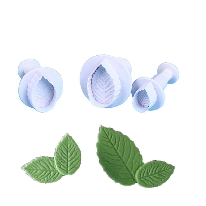 3Pcs/Lot Rose Leaf Shape Cookie Plunger Cutter Fondant Gum Paste Cupcake Toppers Mold Biscuit Mould Pastry Cake Decorating Tools