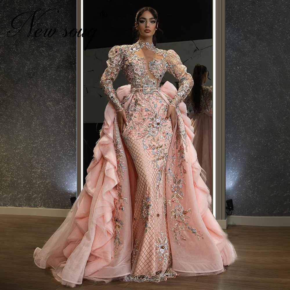 Completo feito à mão beading vestidos de baile rosa applique cristais vestidos noite árabe saudita manga longa evening wear 2021