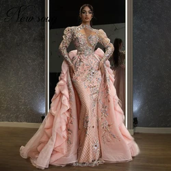 Full Handmade Beading Prom Dresses Pink Applique Crystals Evening Gowns Saudi Arabic Long Sleeve Evening Wear Vestidos 2021