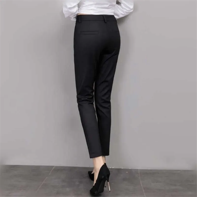 Pantalones de traje de oficina para mujer, pantalones recortados negros, ajustados, de cintura alta, informales, 2019