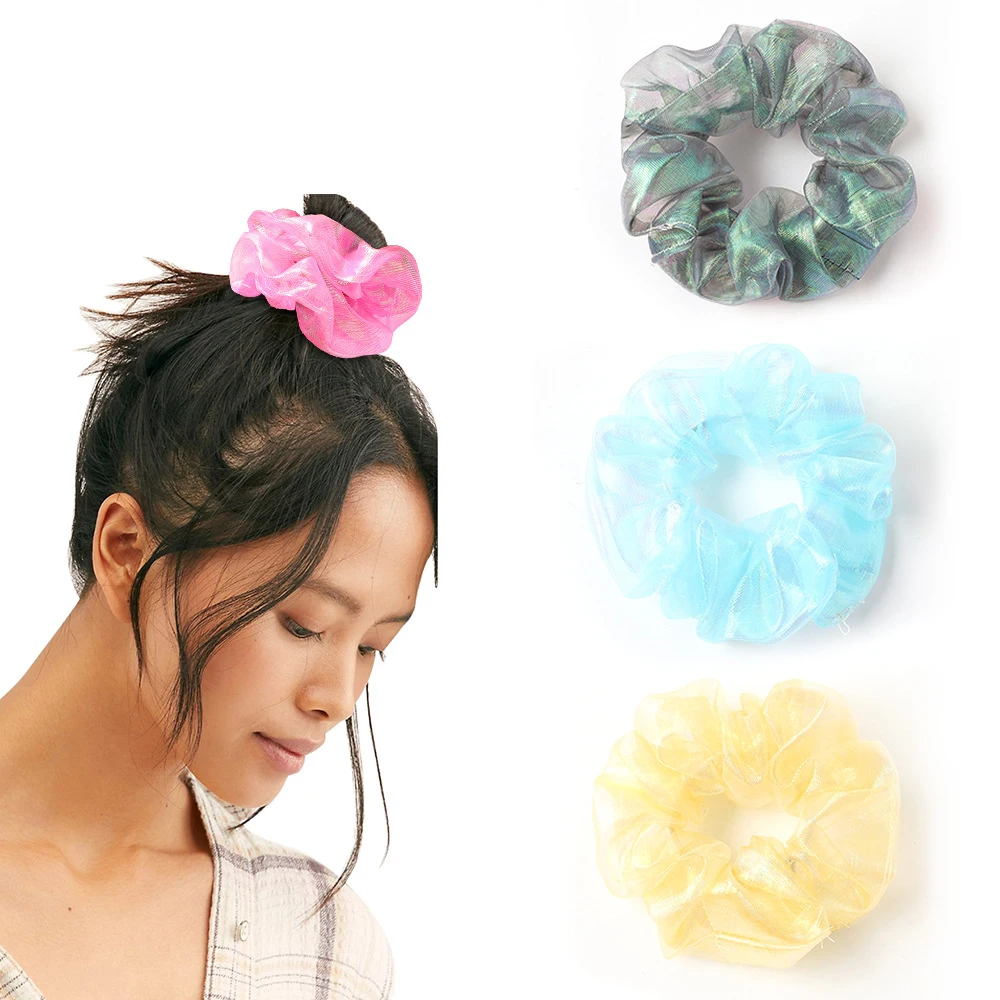 9pcs/lot Women Hair Ties Sets Candy Color Bright Organza Scrunchy Pack Bulk Schrunchy Lot Glitter Bling Hair Elastic