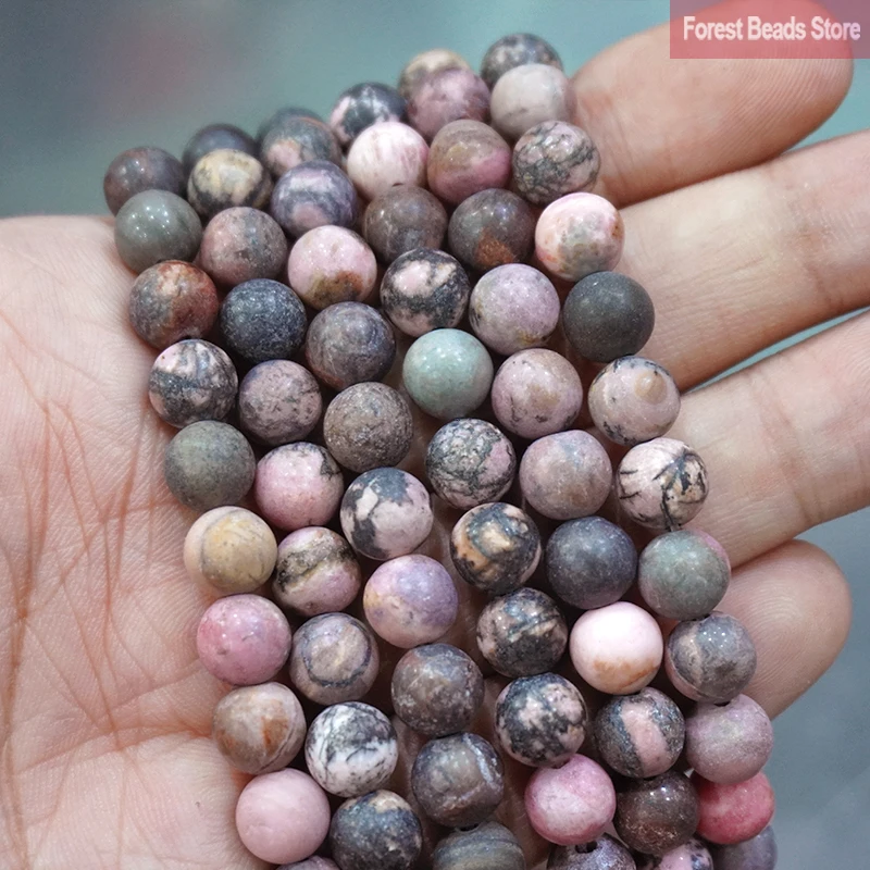 Matte Black Lace Rhodonite Natural Stone Round Beads Diy Bracelet Charm Beads for Jewelry Making 15