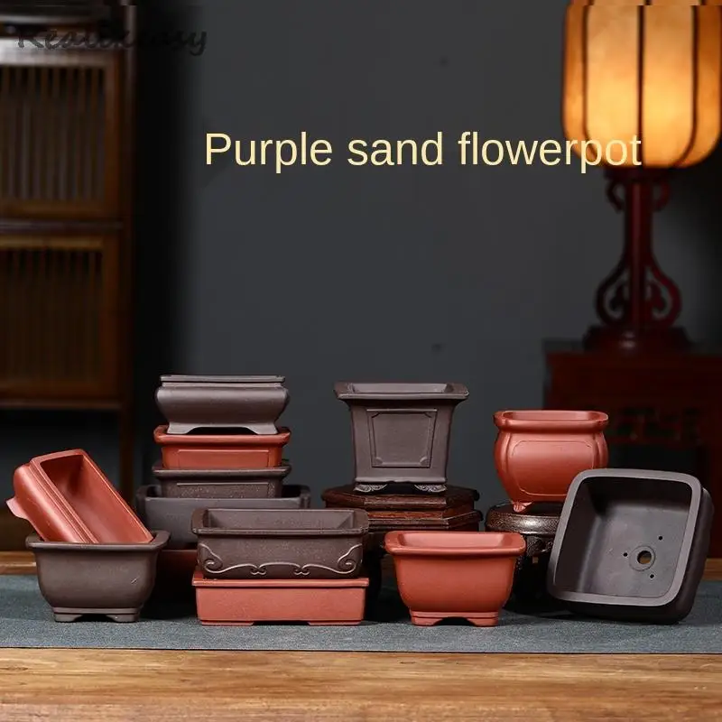 Solid Color Purple Clay Flower Pot Retro Small Bonsai Flower Simple Succulent Flower Potted Plant  For Home Office Decor LB554