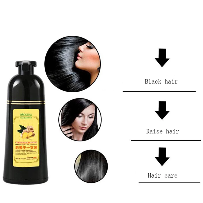 Mokeru 1pc 500ml Fast Black Color Dye Organic Ginger Hair Black Dye Shampoo for Women Anti Gray Hair 5 Mins Permanent Dye Black