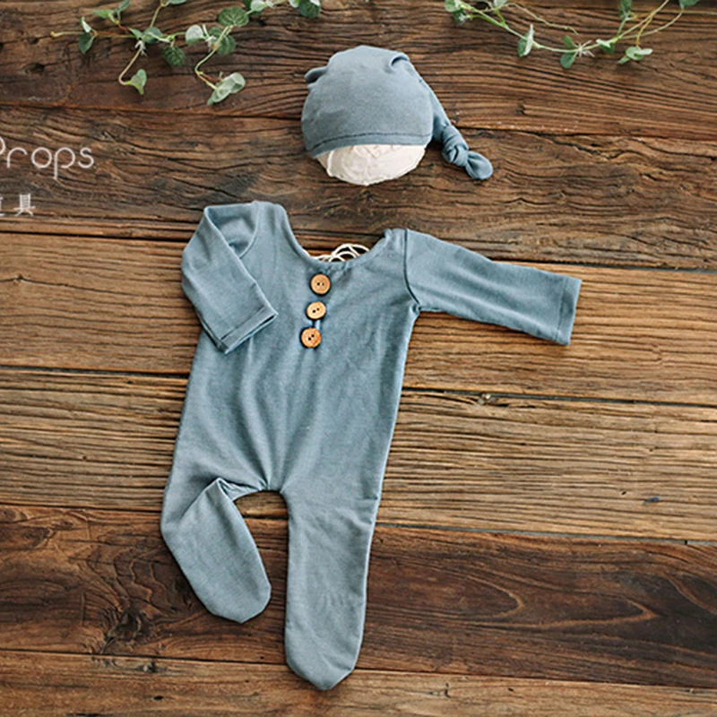 Newborn Photography Props Button Overalls Pants Baby Photo Shoot Romper Outfit Hat Accessories Bebe Shooting Boy Clothes Set