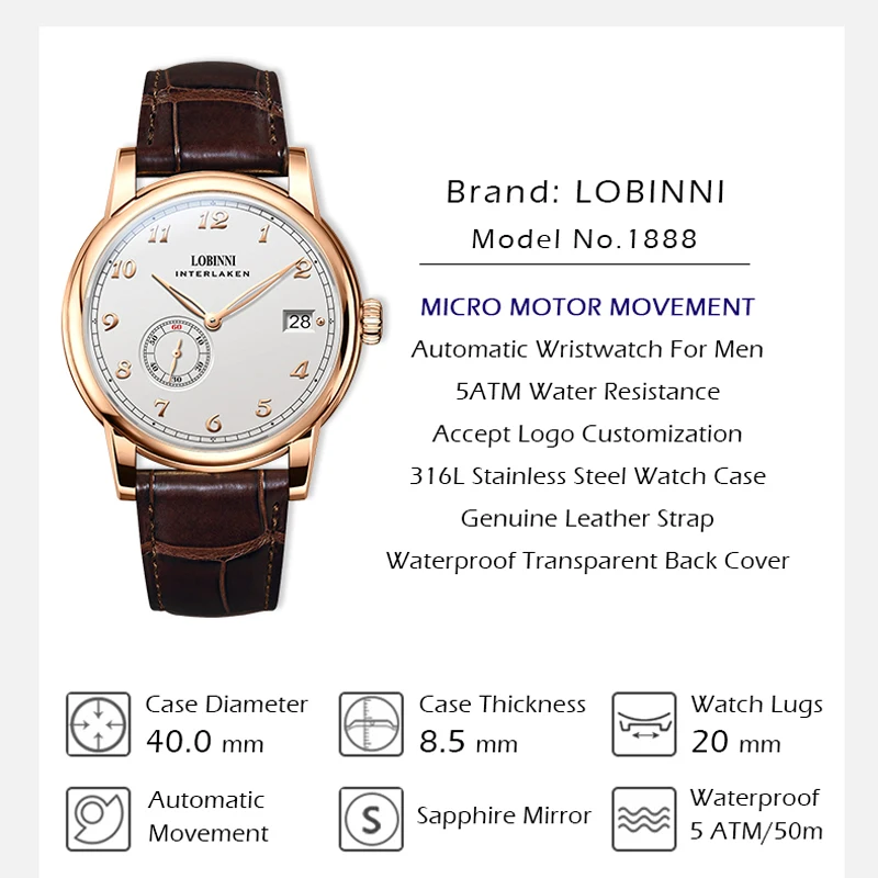 LOBINNI Luxury Hangzhou 5000A Micro-Rotor Movement Men Automatic Watches Ultra-Thin Waterproof Mens Menchical Wristwatch