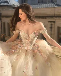 Vestido de fiesta personalizado, vestidos de fiesta de princesa con hombros descubiertos, apliques de corazón, vestidos de noche largos formales de tul, vestido de fiesta