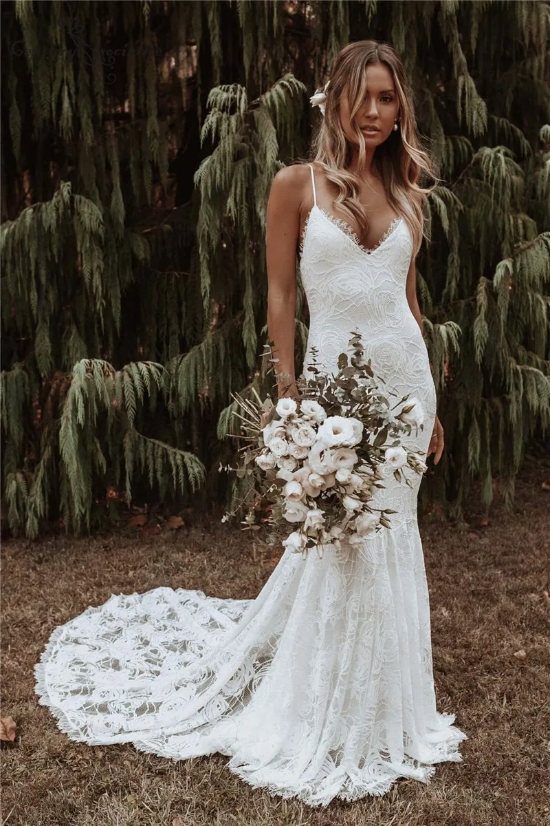 

Backless Wedding Dresses Mermaid Spaghetti Straps Lace Boho Dubai Arabic Wedding Gown Bridal Dress Vestido De Noiva
