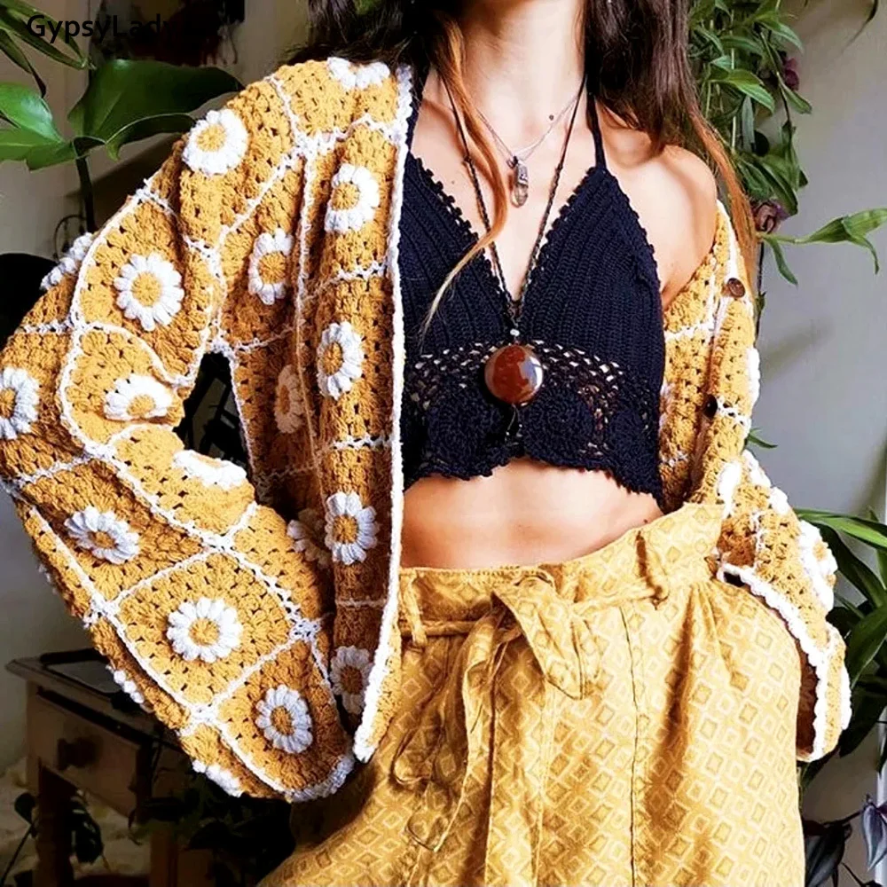 

GypsyLady Boho Crochet Jacket Sweater Handmade Floral Knitted Hollow Out Women Jackets Outwear Hippie Chic Ladies Female Top