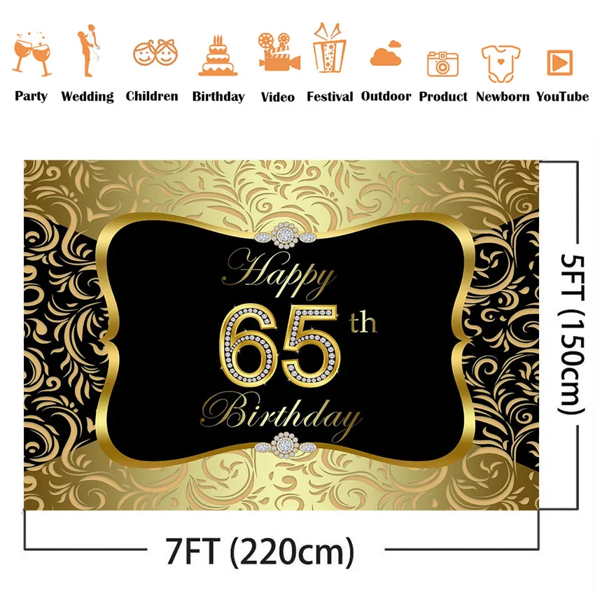 65th Birthday Partyตกแต่งทองสีดำวันเกิดPartyฉากหลังRoyalทองเนื้อGlitter Happy 65thวันเกิดพื้นหลัง