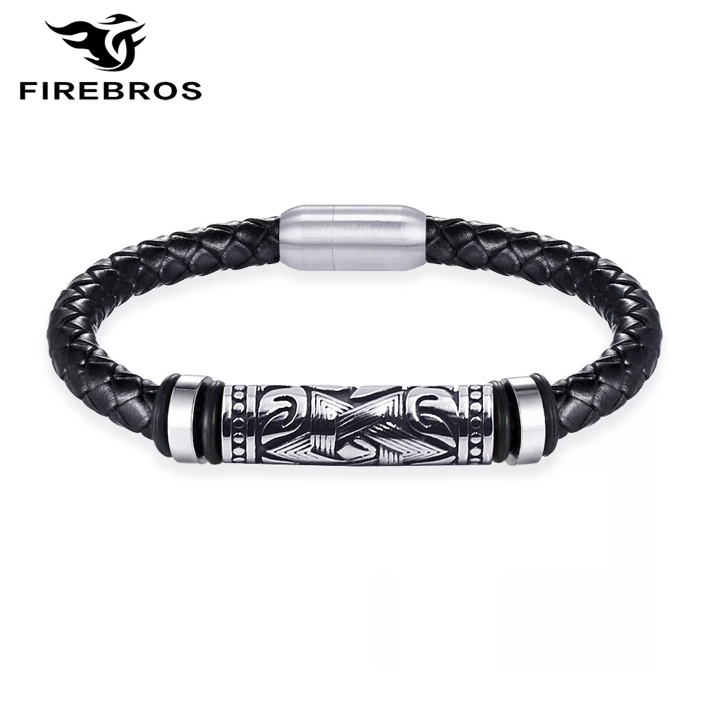 FIREBROS 2025 Magnet Clasp Stainless Steel Star of David Genuine Leather Bracelet Men Punk Antique Israel Religious Jewelry Gift