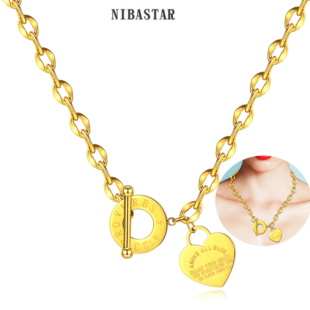 

NIBASTAR Heart Pendant Necklace For Women OT Buckle Charm Chain Choker Stainless Steel Fashion Hight Quality Jewelry