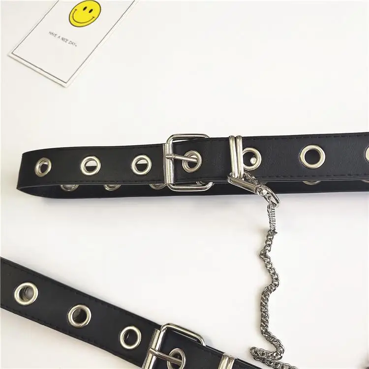 New Fashion ladies Black Punk Gothic Faux Leather Belt Metal Chain Ring Waist Waist Belts  Long Belts  Strap Street Dance Decor