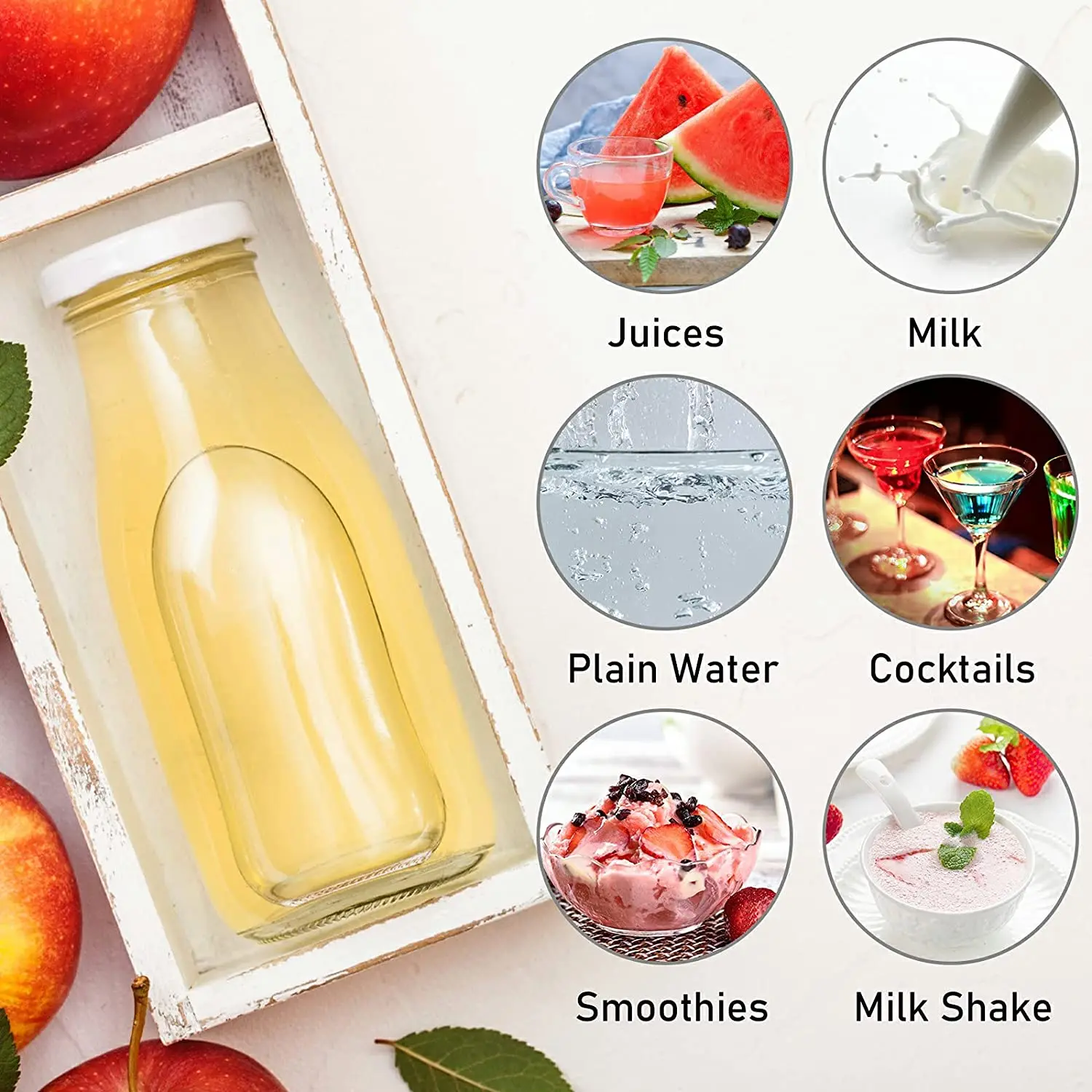 Glass Milk Bottles with Reusable Metal Twist Lids for Beverage Glassware and Drinkware Parties, Weddings, BBQ, Picnics