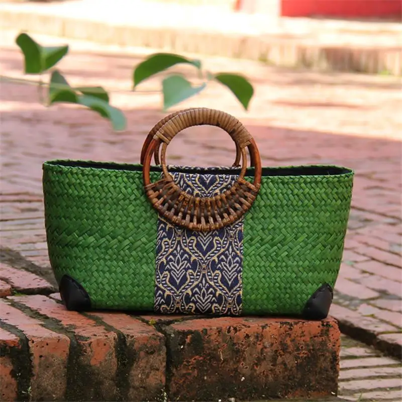 

32x16CM Handmade Rattan Bags Hand Thailand Straw Bags Handbags Literary Retro Hand a6113